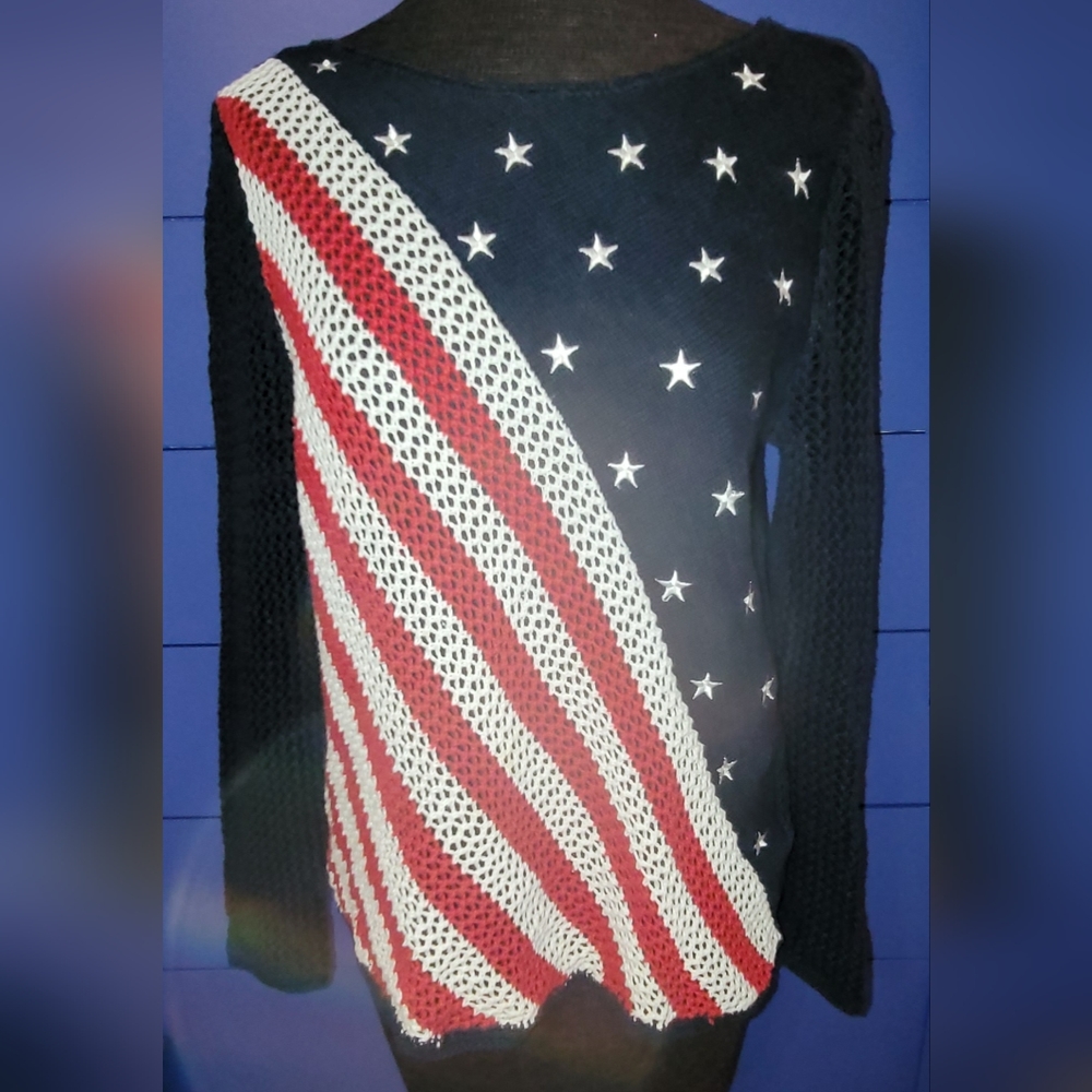 NWOT Patriotic stars & stripes crochet sweater Size S 4th of July proud American